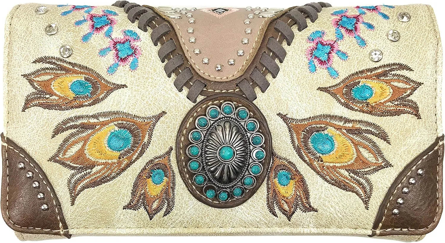 Zelris Turquoise Concho Peacock Feather Women Crossbody Wrist Trifold Wallet