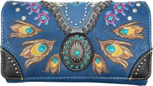 Zelris Turquoise Concho Peacock Feather Women Crossbody Wrist Trifold Wallet