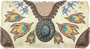Zelris Turquoise Concho Peacock Feather Women Crossbody Wrist Trifold Wallet