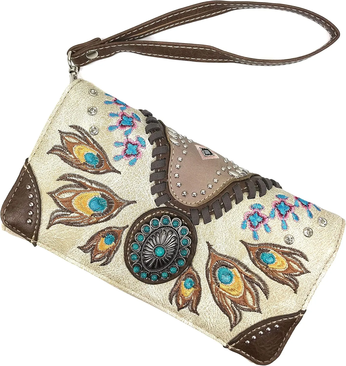 Zelris Turquoise Concho Peacock Feather Women Crossbody Wrist Trifold Wallet