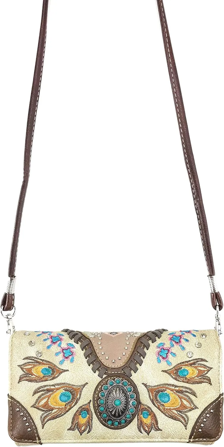 Zelris Turquoise Concho Peacock Feather Women Crossbody Wrist Trifold Wallet