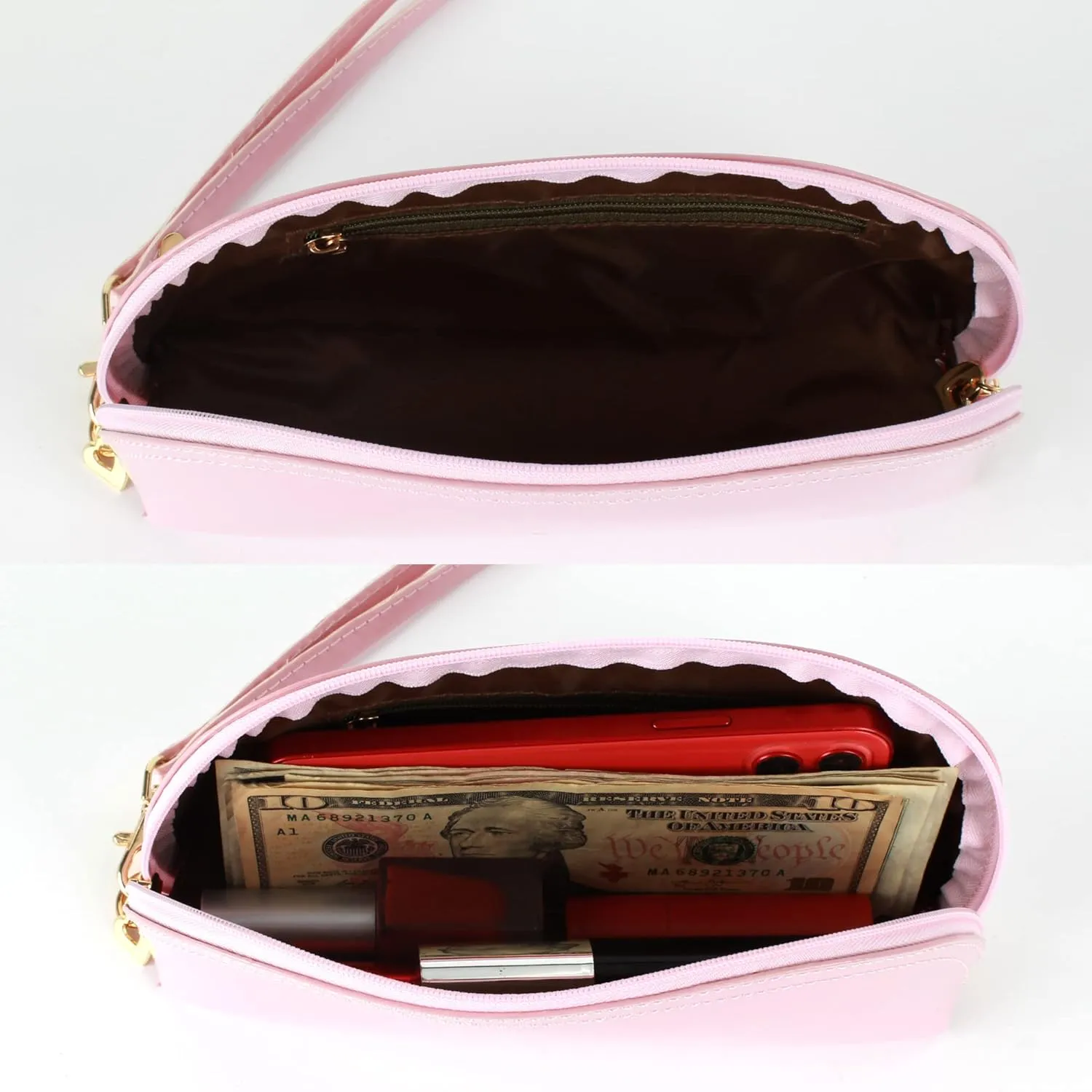 ZLMBAGUS Fashion Cosmetic Bag Patent Leather Makeup Pouch Wristlet Zipper Makeup Case Holder Coin Purse Clutch Pink