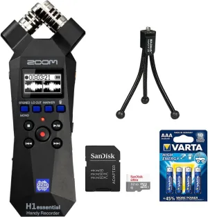 Zoom H1essential 2-Track 32-Bit Float Portable Audio Recorder Bundle with SanDisk 32GB Memory Card with SD Adapter, Varta High Energy AAA 4 Pack and Magnus SnapPod Compact Tabletop Tripod